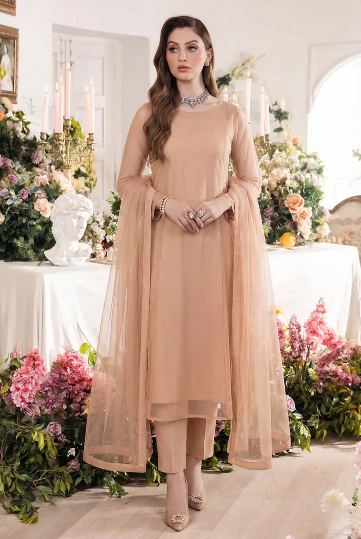 Rozaib Nude Peach A-Line Net Kurta – 3 Piece Set