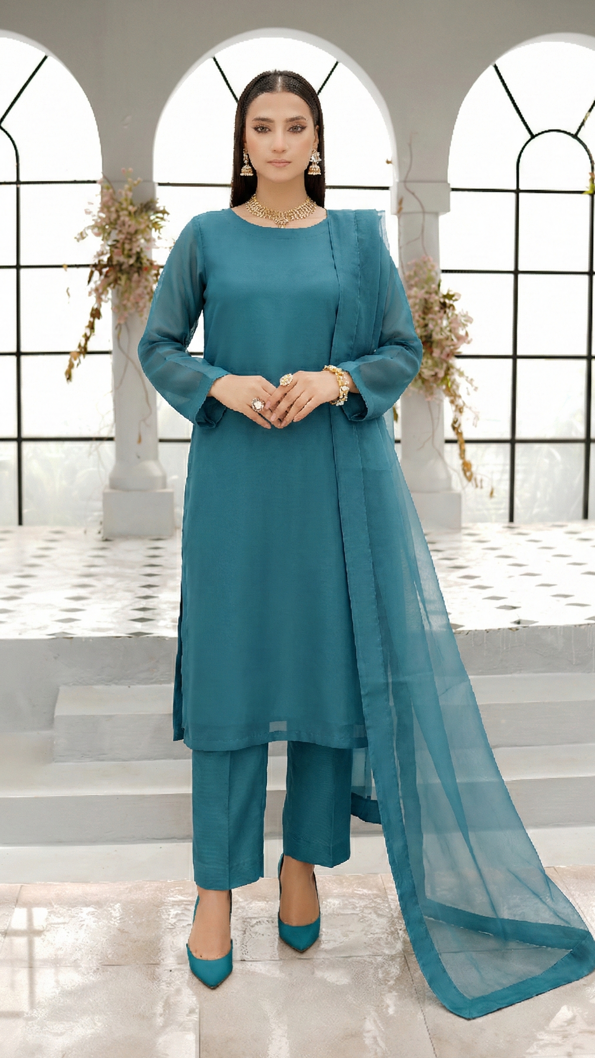 Teal Blue Organza 3-Piece Stitched Dress