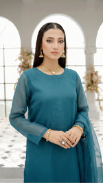 Teal Blue Organza 3-Piece Stitched Dress