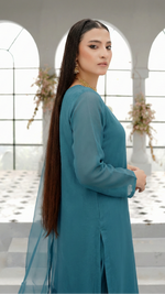 Teal Blue Organza 3-Piece Stitched Dress