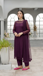 ROZAIB Eggplant luxury Bareeze net stitched suit for women. This premium ready to wear stitched dress features an architectural straight balance fit with 0.3mm micro-jali net texture and invisible frame construction. A minimalist 3-piece stitched suit in a deep violet-black eggplant tone, paired with raw silk loose shalwar and a matching Bareeze net dupatta. Designed for a rich, sophisticated evening look with zero embroidery.