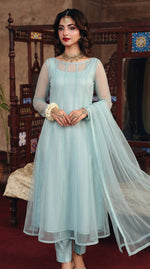ROZAIB Aqua Mist luxury Bareeze net soft panel stitched suit. This premium ready to wear stitched dress features a sophisticated 6-panel vertical cut, ultra-fine micro-mesh texture, and master-tailored soft-release flare. A minimalist 3-piece stitched suit for women in a fresh airy pastel blue-green tone, paired with raw silk cigarette trousers and a matching Bareeze net dupatta. Designed for a calming luxury festive look with zero embroidery and precision stitching.