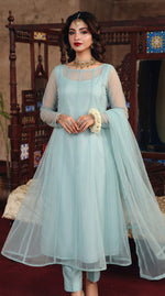 ROZAIB Aqua Mist luxury Bareeze net soft panel stitched suit. This premium ready to wear stitched dress features a sophisticated 6-panel vertical cut, ultra-fine micro-mesh texture, and master-tailored soft-release flare. A minimalist 3-piece stitched suit for women in a fresh airy pastel blue-green tone, paired with raw silk cigarette trousers and a matching Bareeze net dupatta. Designed for a calming luxury festive look with zero embroidery and precision stitching.