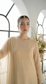 ROZAIB Biscuit Nude luxury Bareeze net long straight shirt stitched suit. This premium ready to wear stitched dress features ultra-fine 0.3mm micro-jali net texture, master-tailored straight seams, and a clean round neckline. A minimalist 3-piece stitched suit for women in a warm neutral beige tone, paired with raw silk cigarette trousers and an airy Bareeze net dupatta. Designed for a clean, sophisticated festive look with zero embroidery and precision stitching.