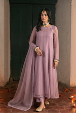 ROZAIB Mauve Lilac minimal kalidaar stitched suit in premium Bareeze net. This luxury ready to wear stitched dress features an 8-panel structured flow fit with ultra-fine micro-mesh texture and invisible seam junctions. A 3-piece stitched suit for women in a soft romantic pastel tone, paired with raw silk cigarette pants and an airy Bareeze net dupatta. Designed for a sophisticated festive look with zero embroidery.