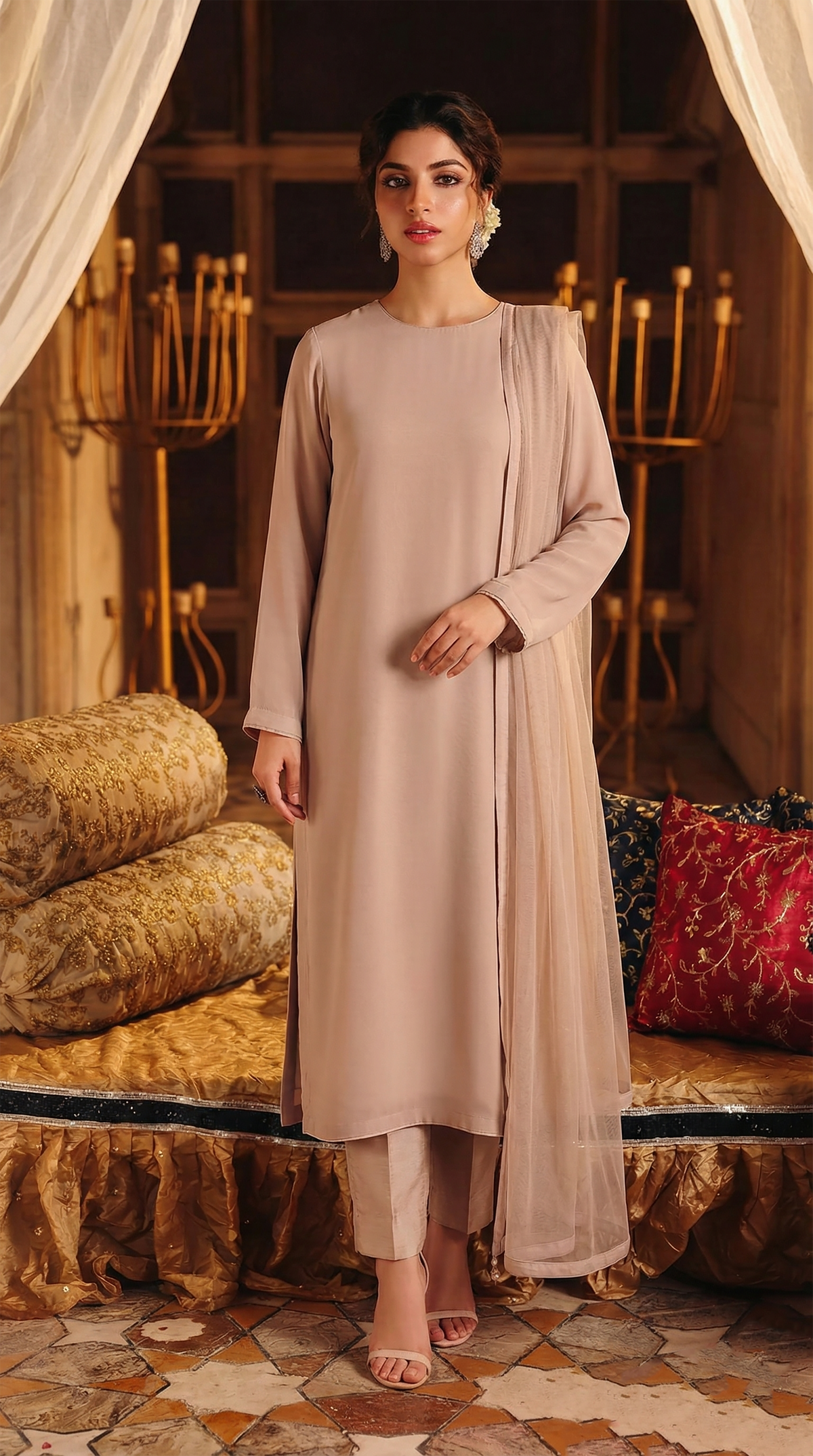 ROZAIB Nude Sand minimal festive stitched suit in premium flowy chiffon fabric. This luxury ready to wear stitched dress features a straight relaxed flow fit with ultra-fine micro chiffon grain and master-tailored vertical lines. A 3-piece stitched suit for women designed for effortless elegance, paired with raw silk cigarette trousers and a lightweight Bareeze net dupatta. Perfect for a sophisticated minimalist look in any season.