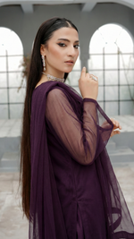 ROZAIB Eggplant luxury Bareeze net stitched suit for women. This premium ready to wear stitched dress features an architectural straight balance fit with 0.3mm micro-jali net texture and invisible frame construction. A minimalist 3-piece stitched suit in a deep violet-black eggplant tone, paired with raw silk loose shalwar and a matching Bareeze net dupatta. Designed for a rich, sophisticated evening look with zero embroidery.
