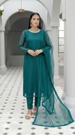 ROZAIB Peacock Green luxury Bareeze net stitched suit. This premium ready to wear stitched dress features Optical Spine Architecture for a perfect vertical fall, 0.3mm micro-jali net texture, and master-tailored straight silhouette. A minimalist 3-piece stitched suit for women in a rich jewel tone, paired with raw silk loose shalwar and a matching Bareeze net dupatta. Designed for a high-end festive-formal look with zero embroidery.