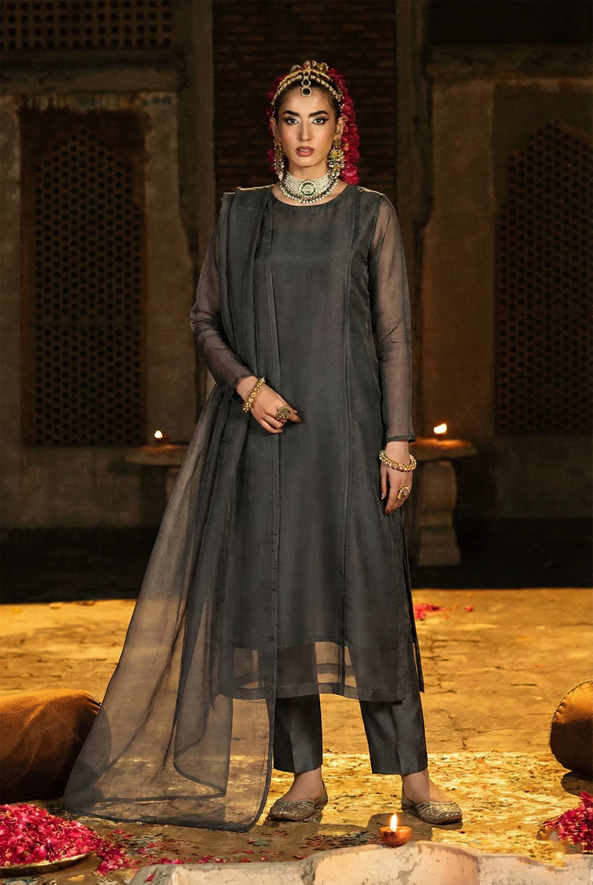ROZAIB Anthracite Coal luxury organza stitched suit for women. A premium minimalist ready to wear stitched dress featuring floating spine architectural tailoring, paired with raw silk trousers and organza dupatta. Perfect for executive wear and festive formal gatherings.