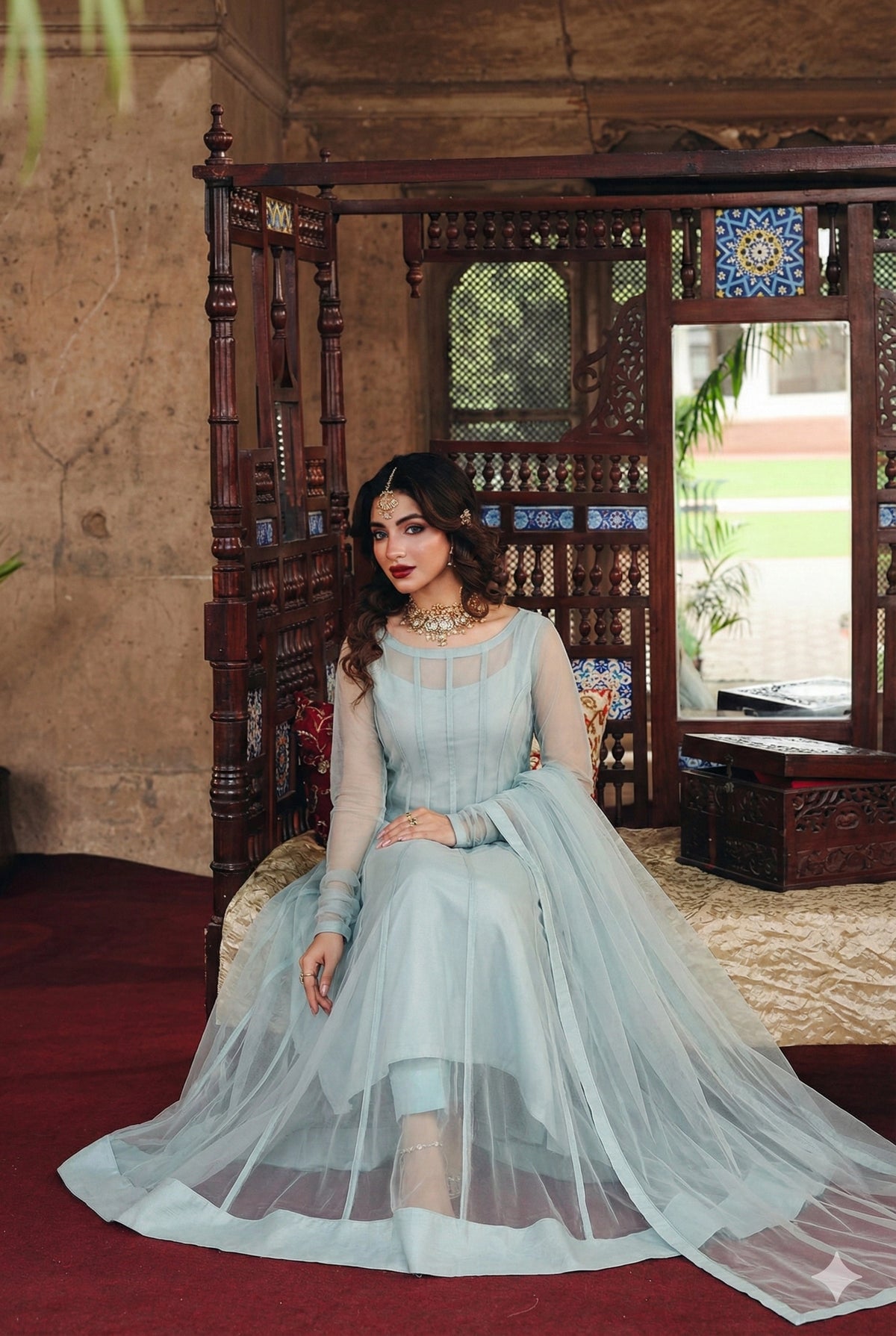 ROZAIB Aqua Mist luxury Bareeze net soft panel stitched suit. This premium ready to wear stitched dress features a sophisticated 6-panel vertical cut, ultra-fine micro-mesh texture, and master-tailored soft-release flare. A minimalist 3-piece stitched suit for women in a fresh airy pastel blue-green tone, paired with raw silk cigarette trousers and a matching Bareeze net dupatta. Designed for a calming luxury festive look with zero embroidery and precision stitching.