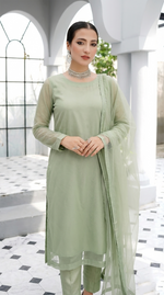 ROZAIB Sage Pista luxury Bareeze net long straight kurta stitched suit. This premium ready to wear stitched dress features a clean plain construction, ultra-fine 0.3mm micro-mesh net texture, and master-tailored vertical fall. A minimalist 3-piece stitched suit for women in a soft muted pistachio green tone, paired with raw silk cigarette trousers and an airy Bareeze net dupatta. Designed for a fresh, sophisticated festive look with zero embroidery and precision stitching.